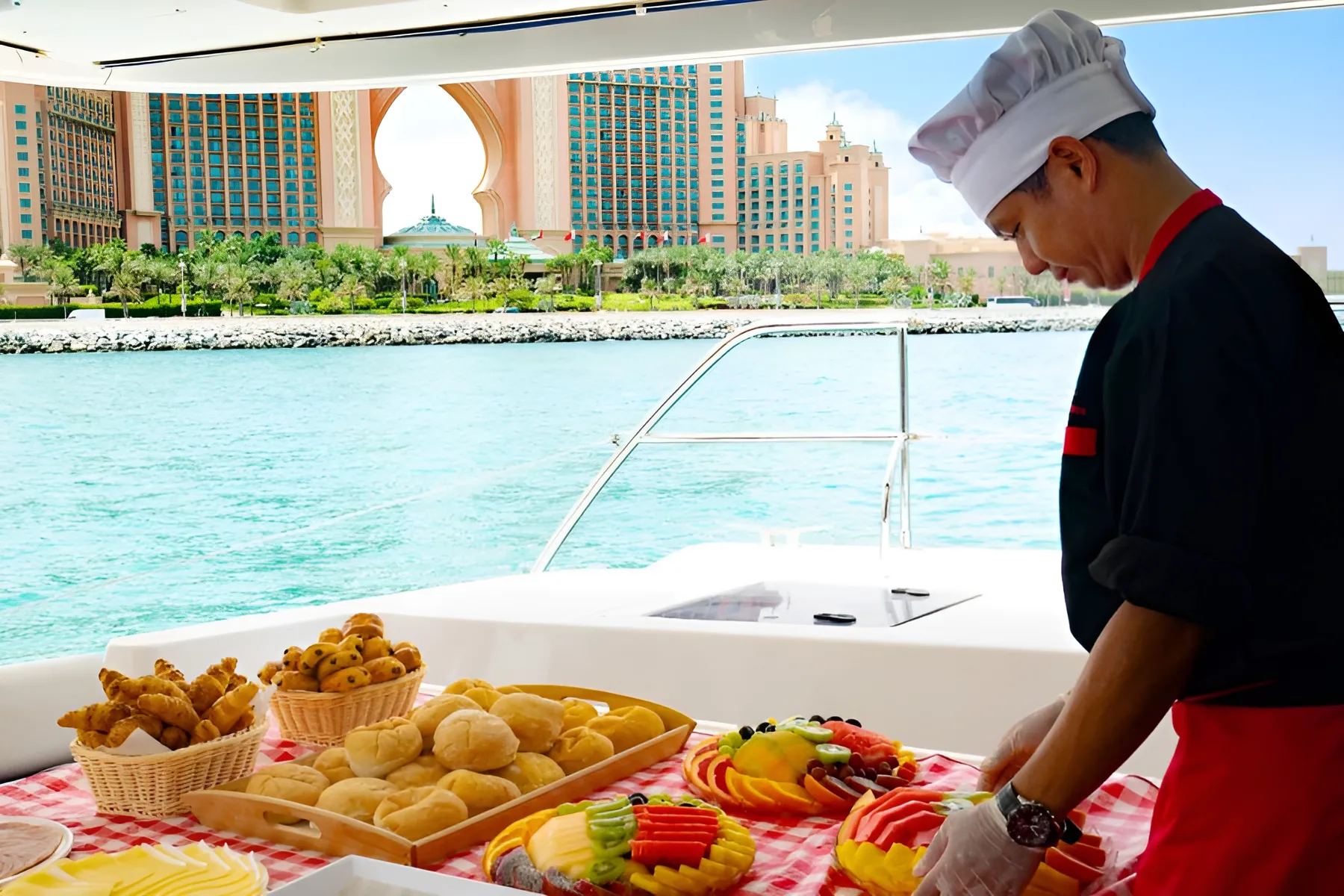 Breakfast prepared on board — Dubai Marina yacht cruise